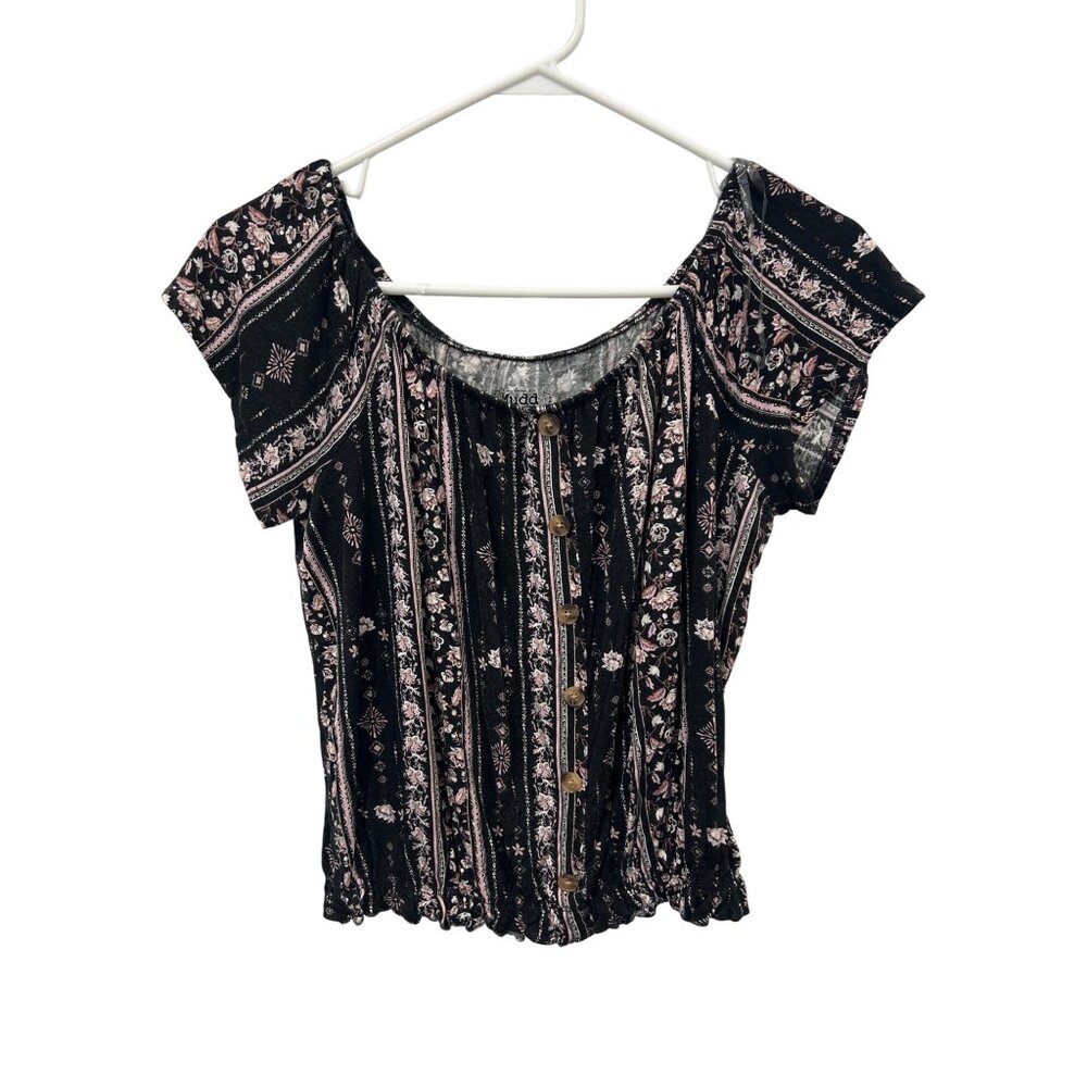 Mudd Short Sleeve Floral Blouse Womens Medium Black Pink Fairygoth Bohemian Chic